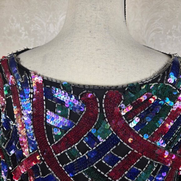Vintage 80's Silk Sequin Beaded Evening Blouse Blue Green Fuchsia Black - Picture 9 of 16